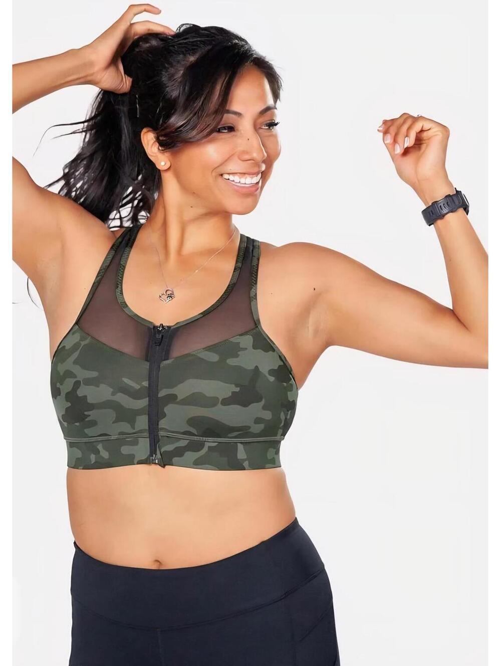 Handful Camo Zip Front Sports Bra Mesh Racerback Adjustable Straps XL NWT